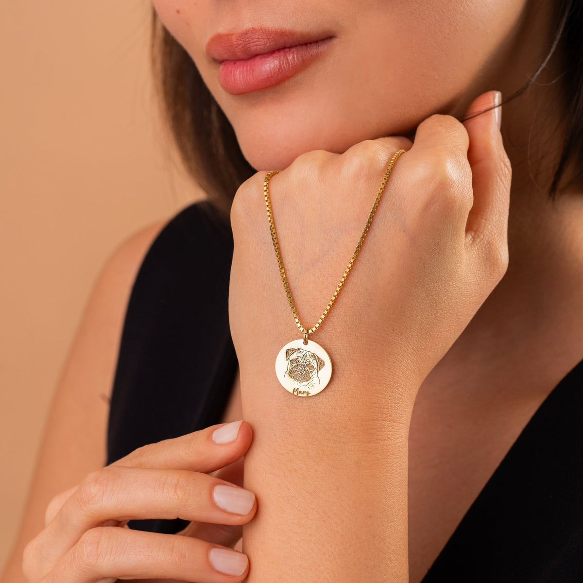 Pet Memorial Necklace | Engraved Dog Photo Portrait with Name in Sterling Silver & 14K Gold Vermeil