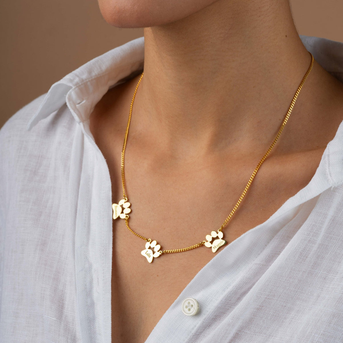Cat Mom Necklace | Paw Print Station Necklace with Pet Names in Sterling Silver & 14K Gold Vermeil