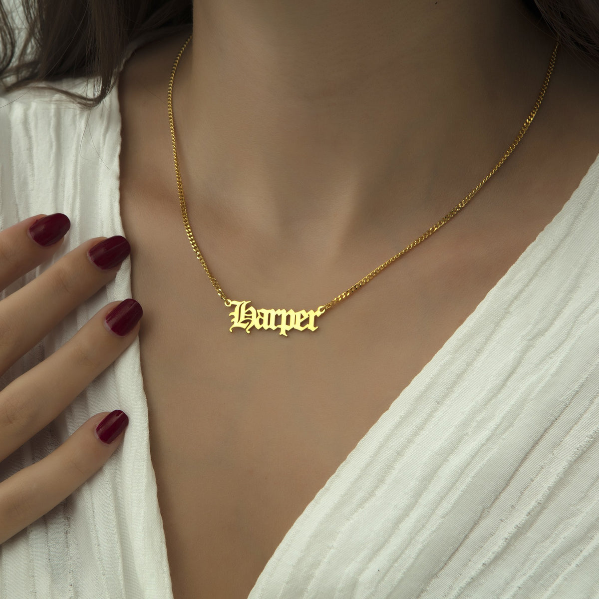 Old English Name Necklace | Blackletter Font Nameplate in Sterling Silver & 14K Gold Vermeil