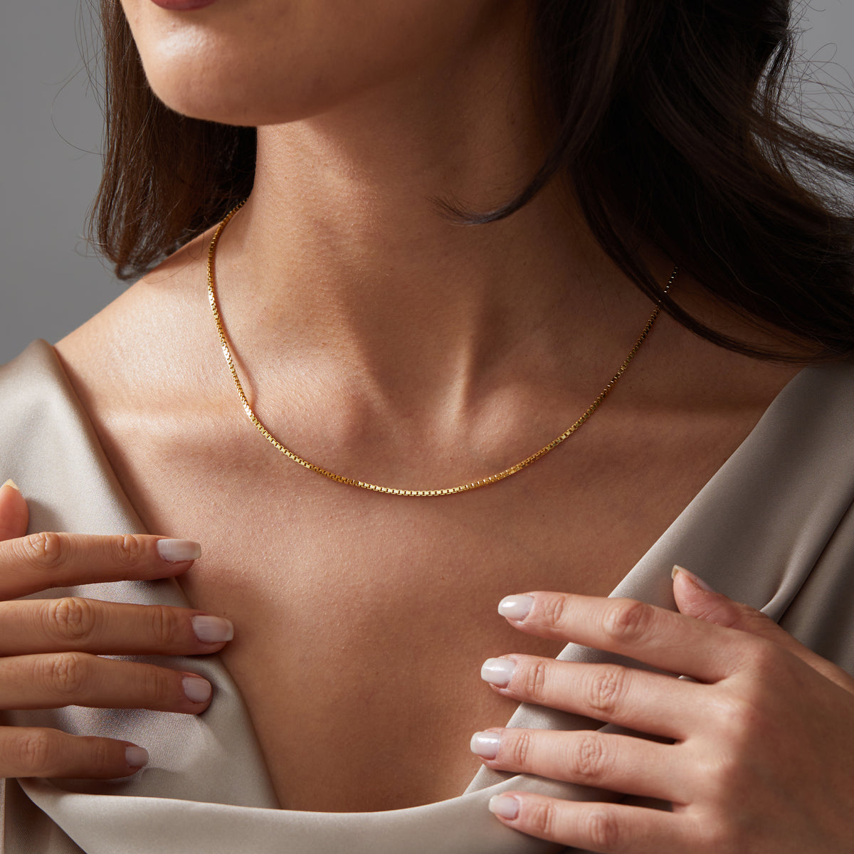 14K Solid Gold Box Chain Necklace 1.25mm | Real Gold Box Chain in Yellow, Rose & White Gold