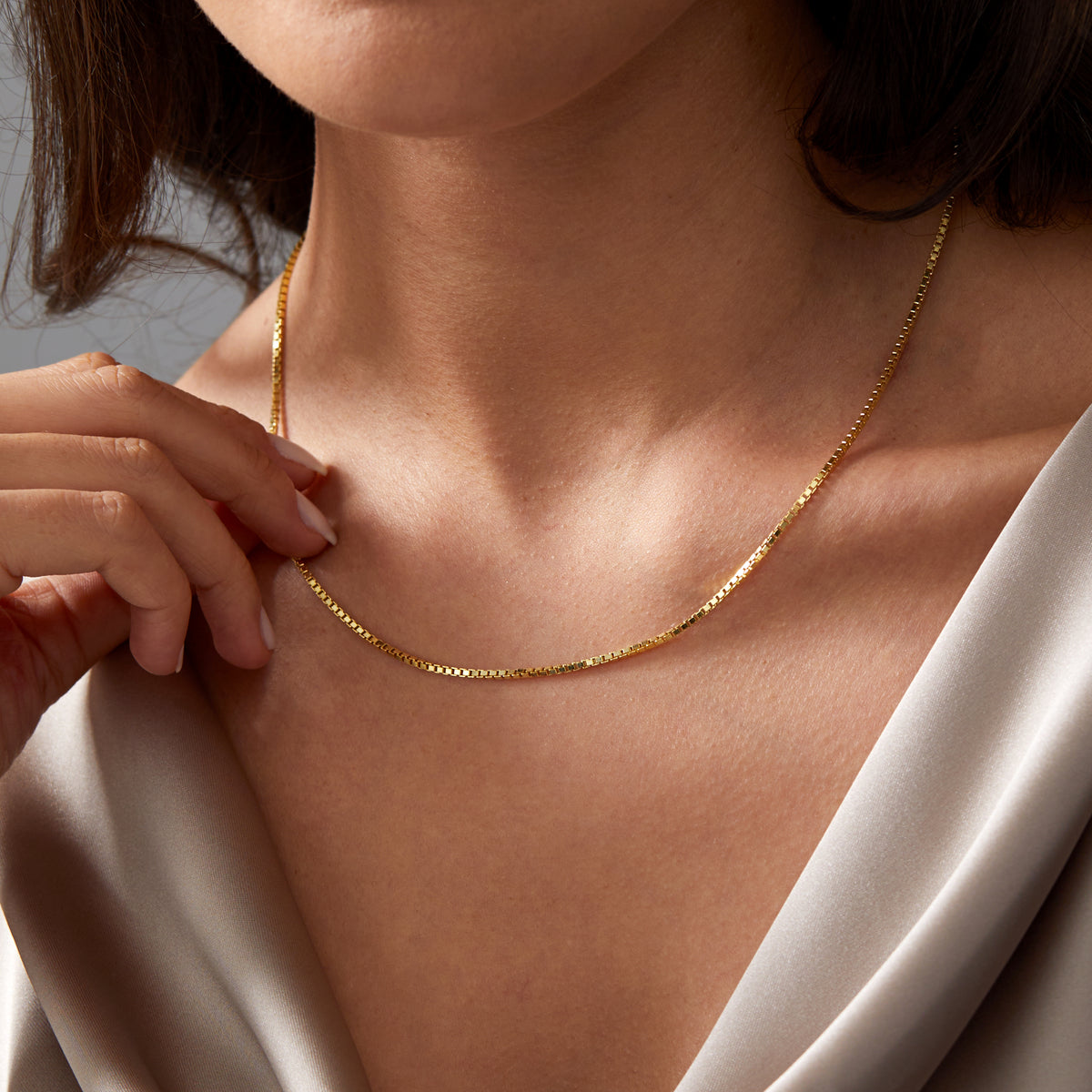 14K Solid Gold Box Chain Necklace 1.25mm | Real Gold Box Chain in Yellow, Rose & White Gold