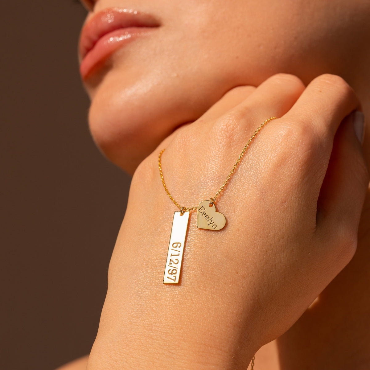 Custom Date Necklace | Engraved Bar & Heart Name Charm in Sterling Silver & 14K Gold Vermeil