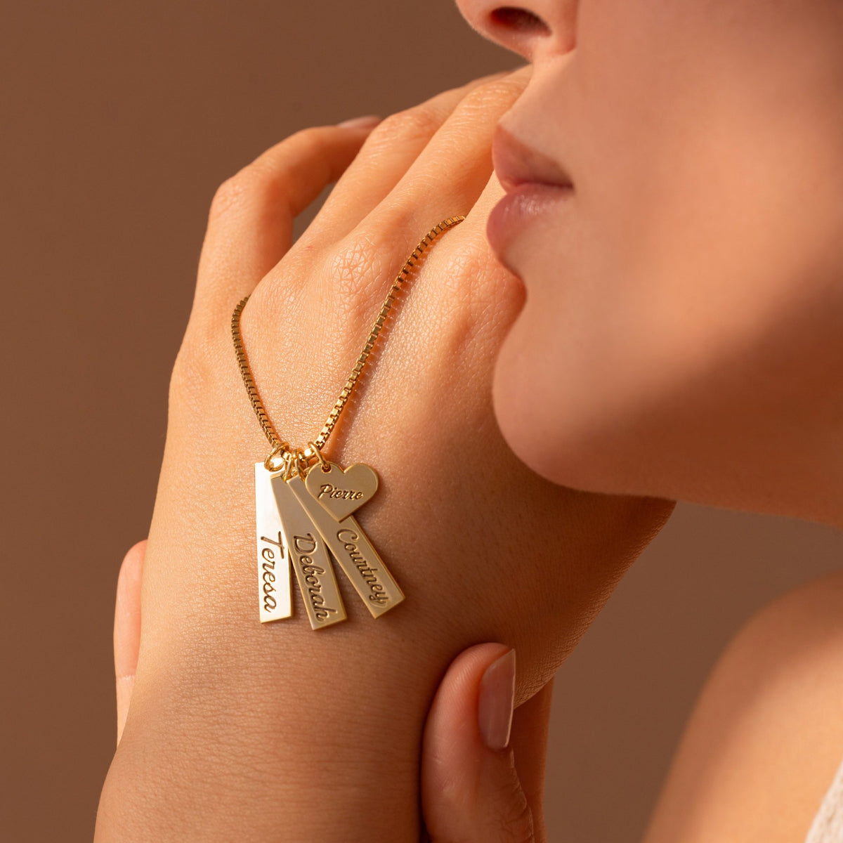 Personalized Name Bar Necklace | Three Vertical Bars & Heart Charm on Box Chain in Sterling Silver & 14K Gold Vermeil
