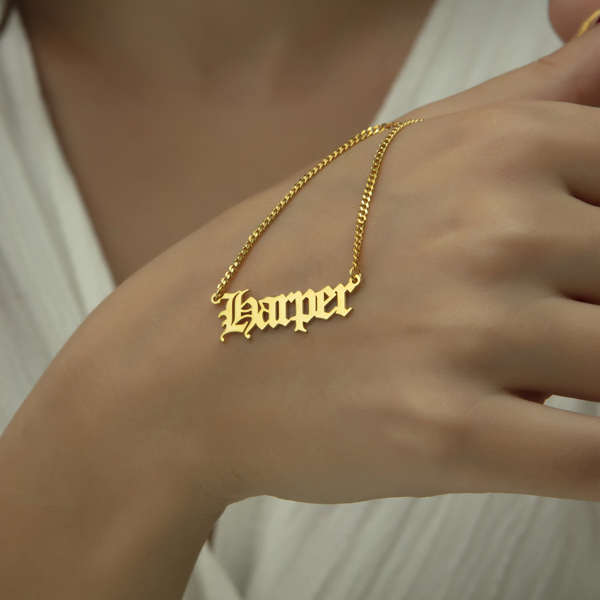 Old English Name Necklace | Blackletter Font Nameplate in Sterling Silver & 14K Gold Vermeil