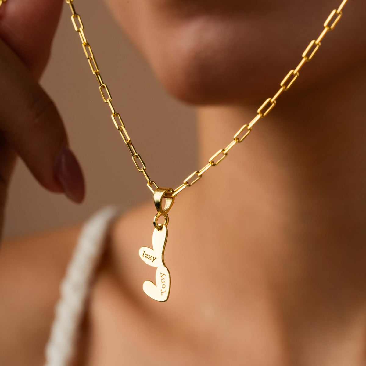 Double Heart Necklace | Stacked Heart Pendant Engraved with Two Names in Sterling Silver & 14K Gold Vermeil
