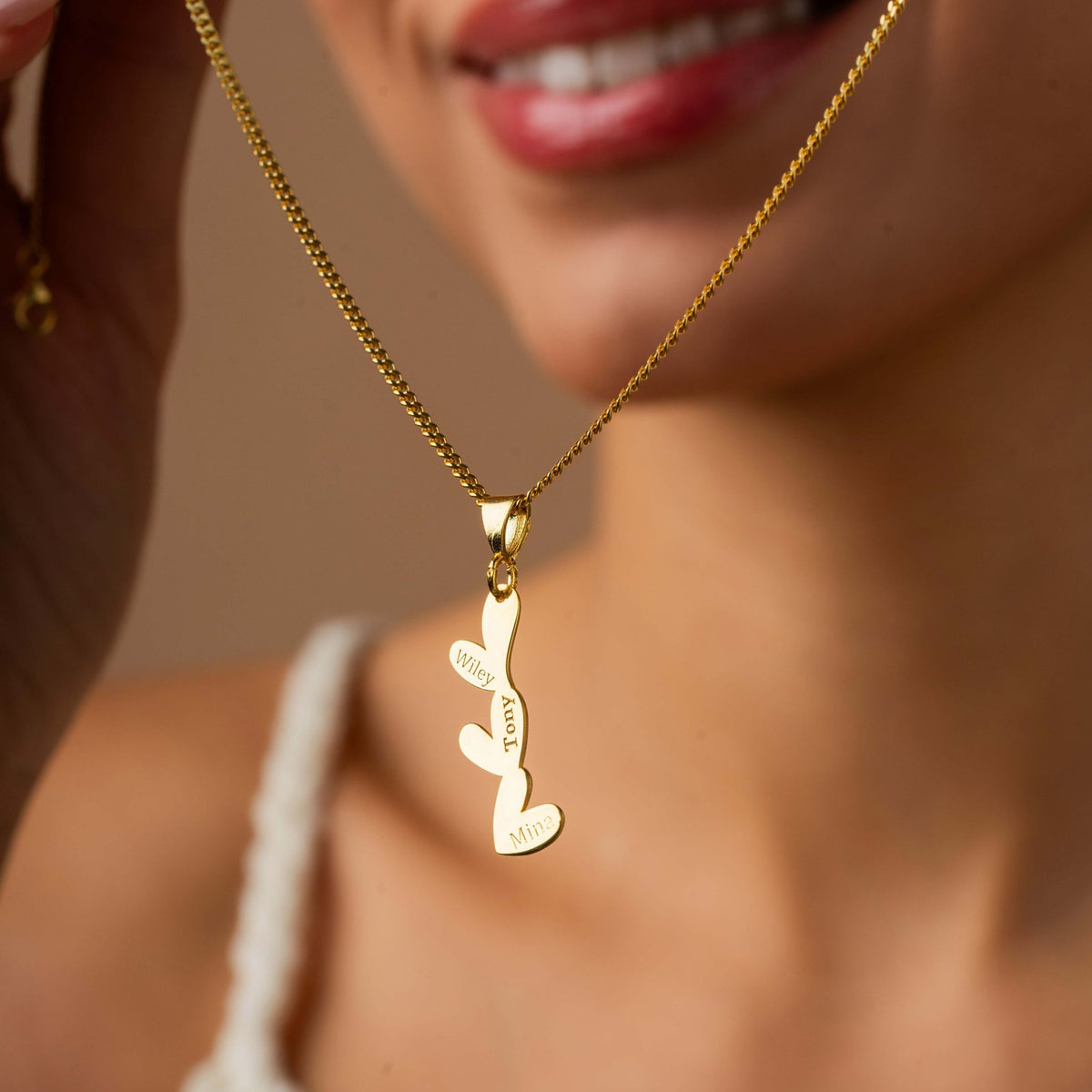 Triple Heart Necklace | Family Heart Pendant Engraved with Three Names in Sterling Silver & 14K Gold Vermeil