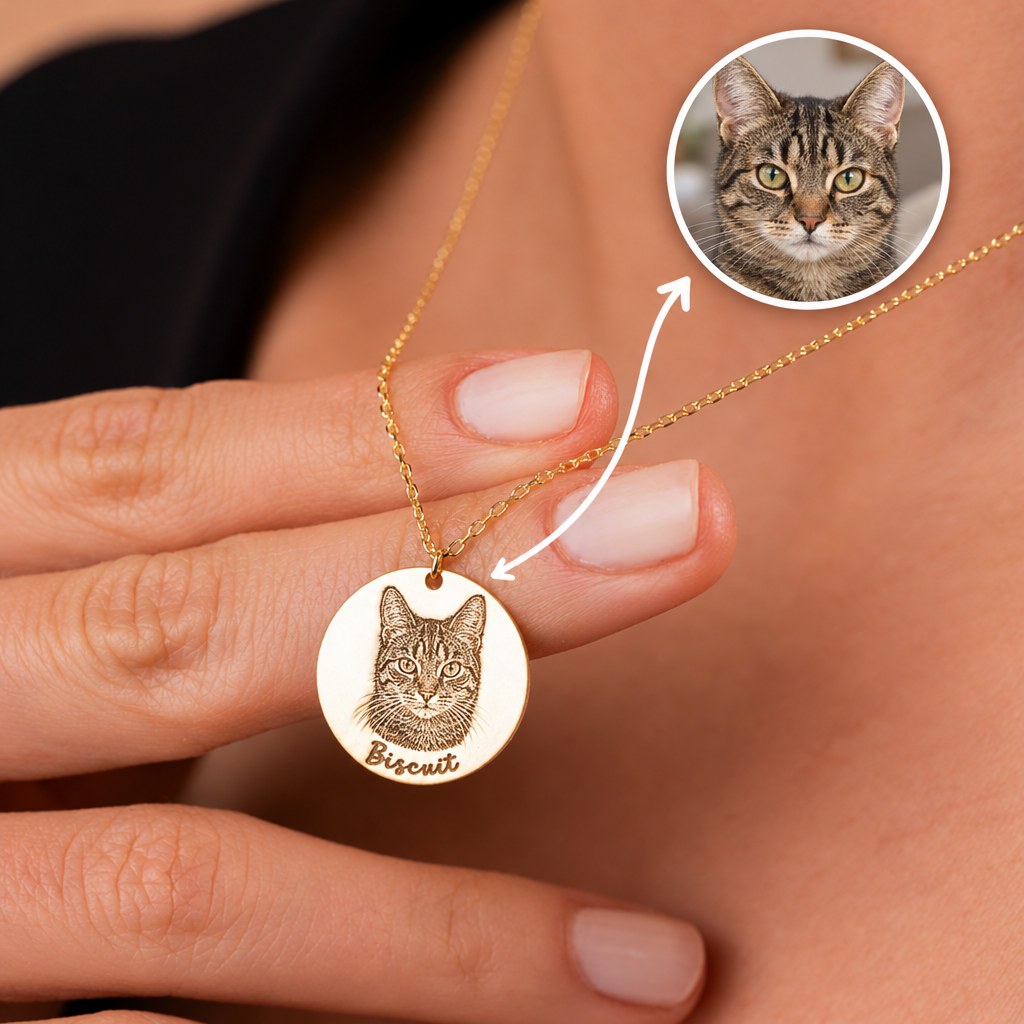Pet Portrait Necklace | Custom Engraved Pet Photo Disc with Name in Sterling Silver & 14K Gold Vermeil