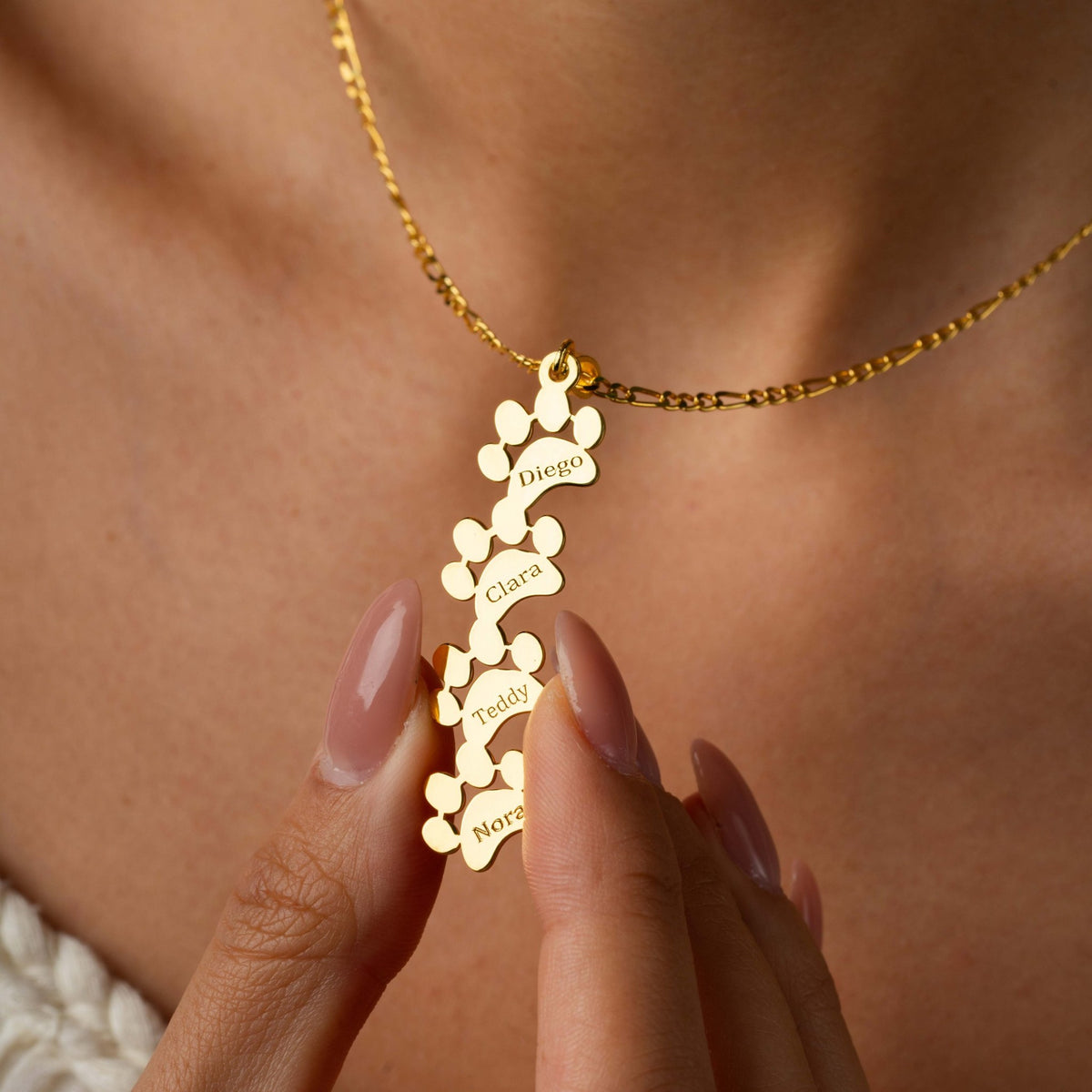 Fur Baby Necklace | Vertical Paw Print Pendant with Four Pet Names in Sterling Silver & 14K Gold Vermeil