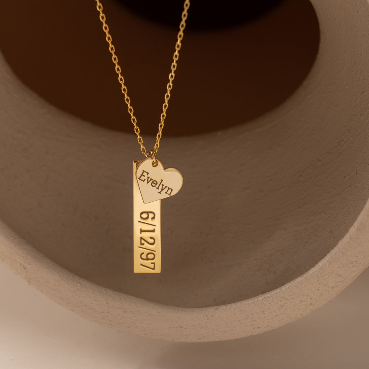 Custom Date Necklace | Engraved Bar & Heart Name Charm in Sterling Silver & 14K Gold Vermeil