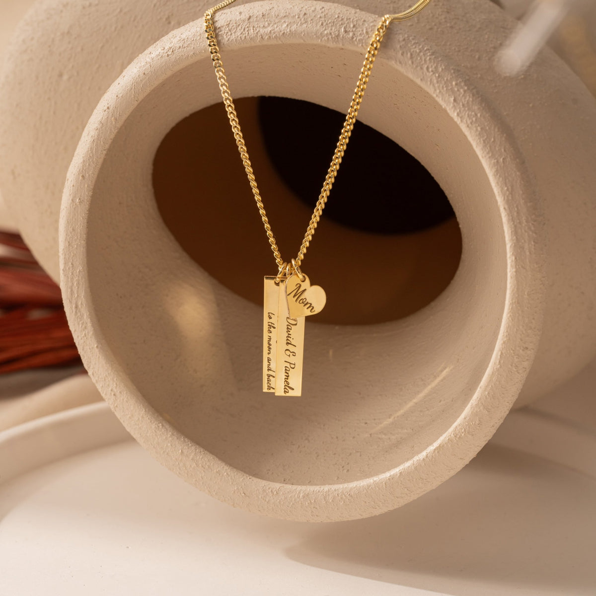 Engraved Message Necklace | Personalized Bar & Mom Heart Charms in Sterling Silver & 14K Gold Vermeil