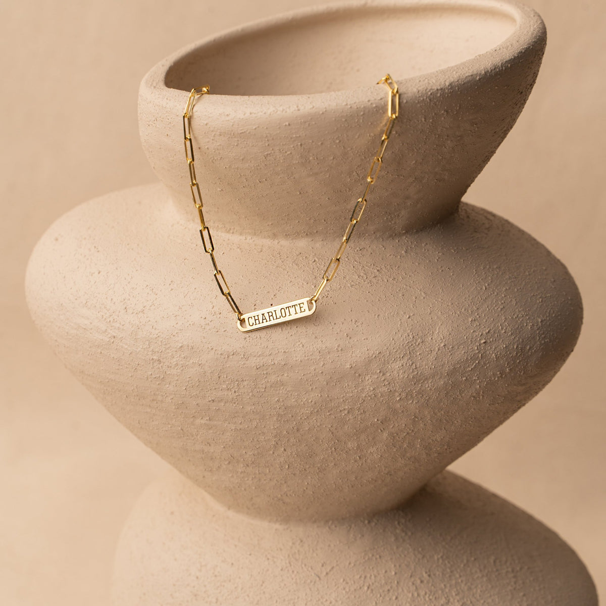 Horizontal Bar Necklace | Engraved Uppercase Name ID Bar on Paperclip Chain in Sterling Silver & 14K Gold Vermeil