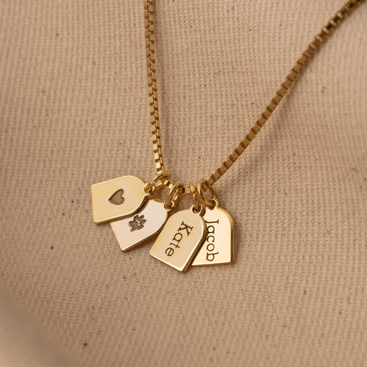 Name Tag Charm Necklace | Personalized Tags with Names, Heart & Paw Symbols in Sterling Silver & 14K Gold Vermeil