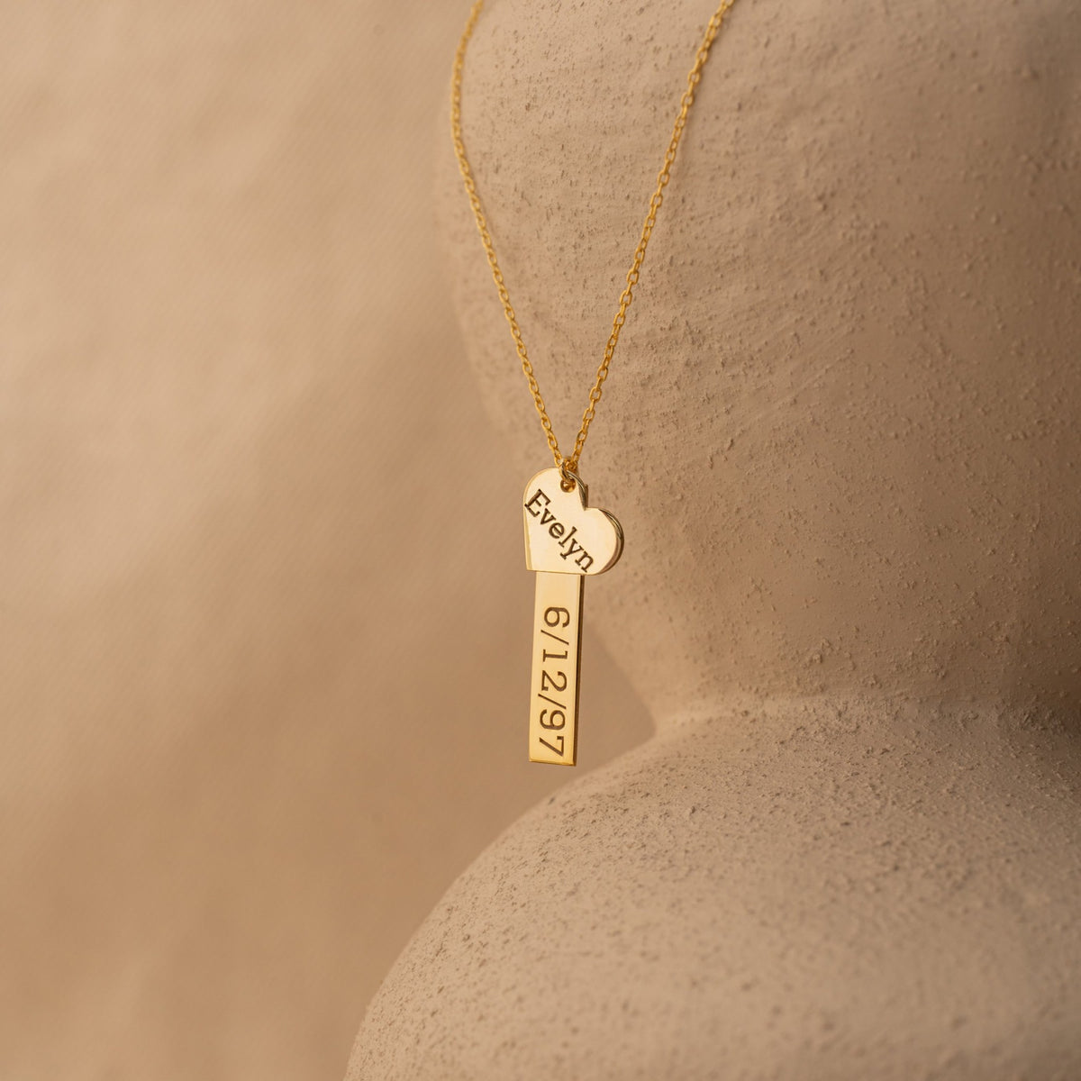 Custom Date Necklace | Engraved Bar & Heart Name Charm in Sterling Silver & 14K Gold Vermeil