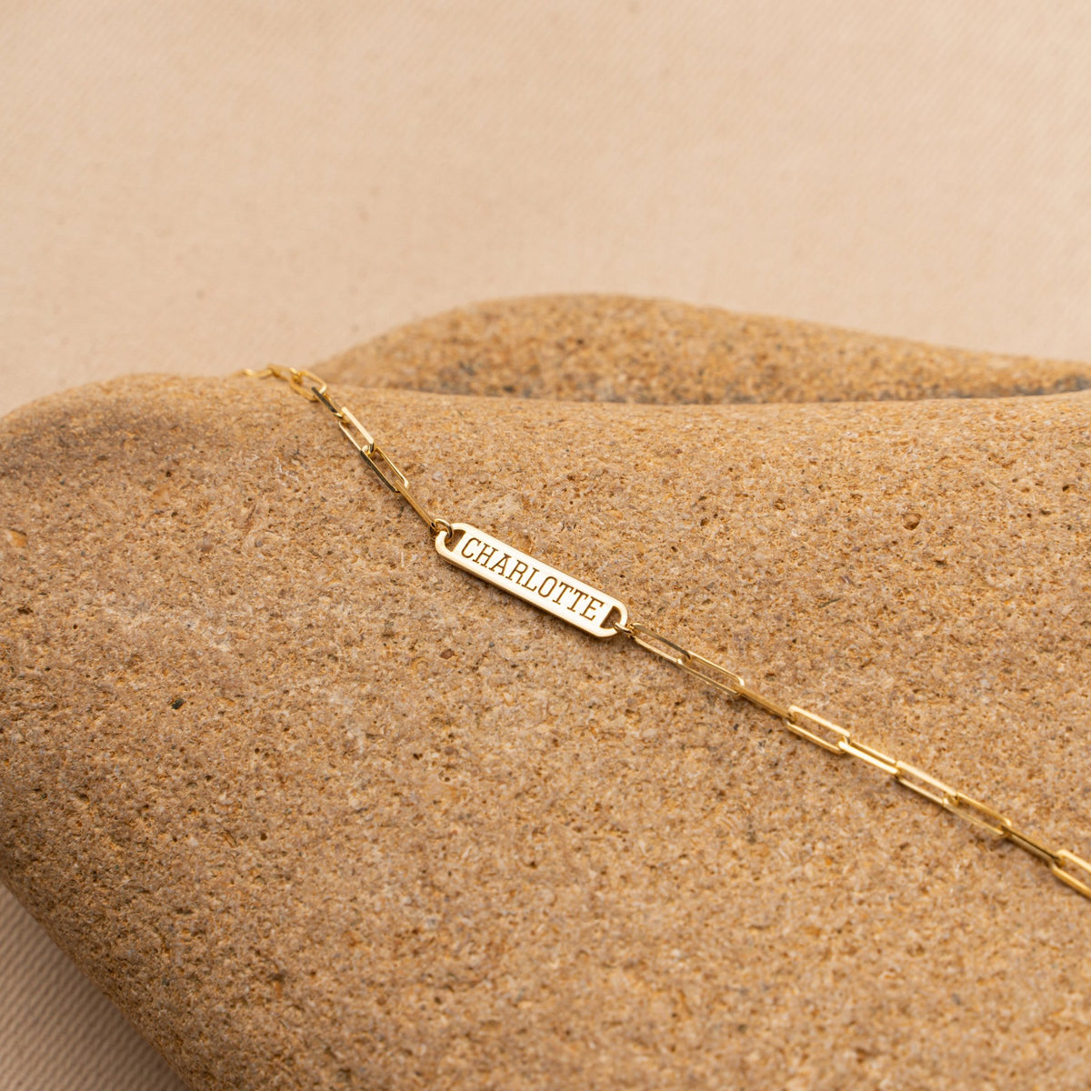 Horizontal Bar Necklace | Engraved Uppercase Name ID Bar on Paperclip Chain in Sterling Silver & 14K Gold Vermeil