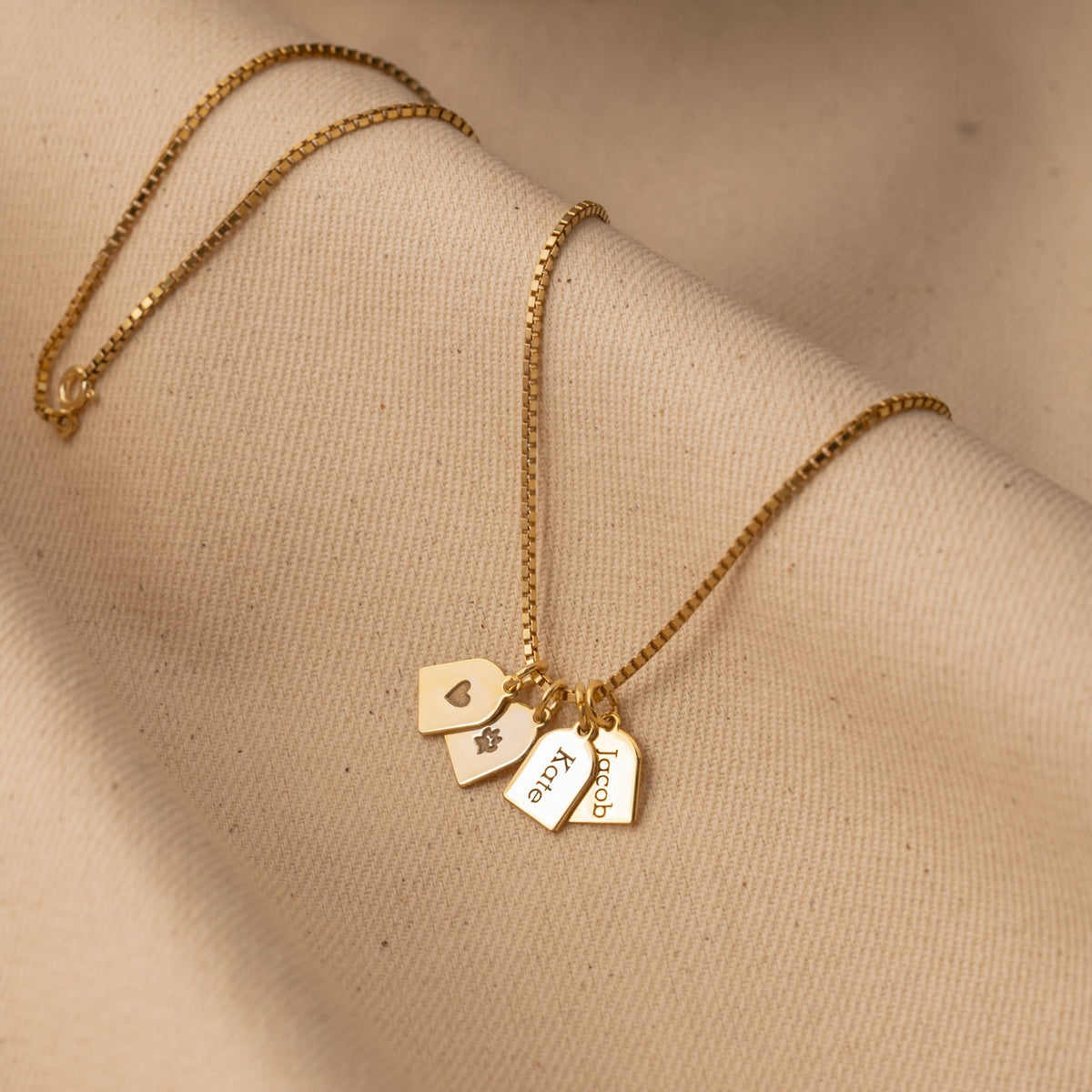 Name Tag Charm Necklace | Personalized Tags with Names, Heart & Paw Symbols in Sterling Silver & 14K Gold Vermeil