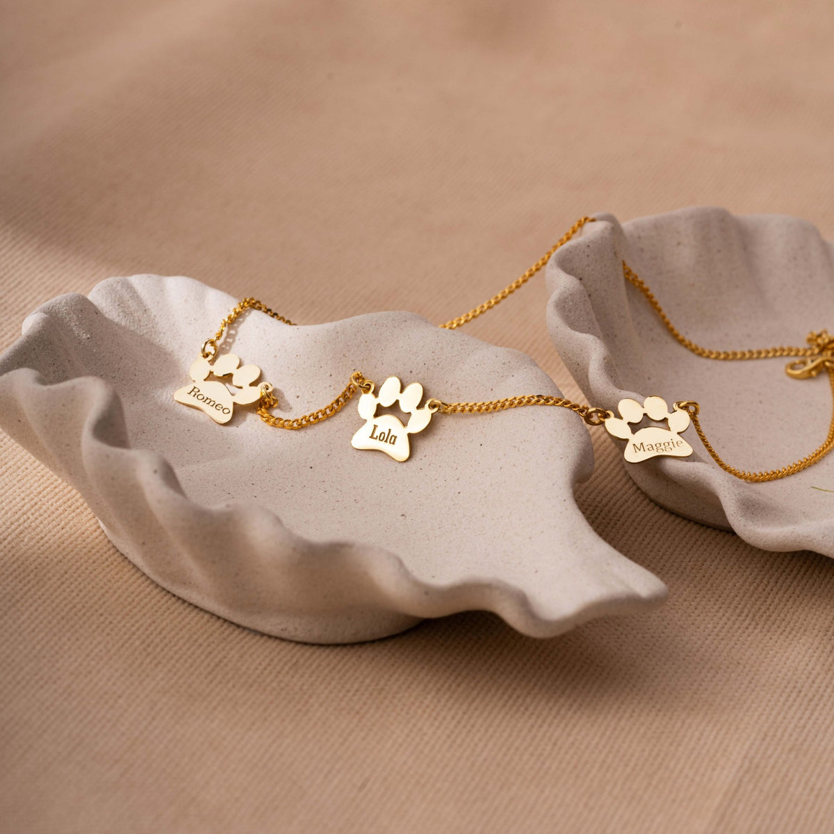 Cat Mom Necklace | Paw Print Station Necklace with Pet Names in Sterling Silver & 14K Gold Vermeil