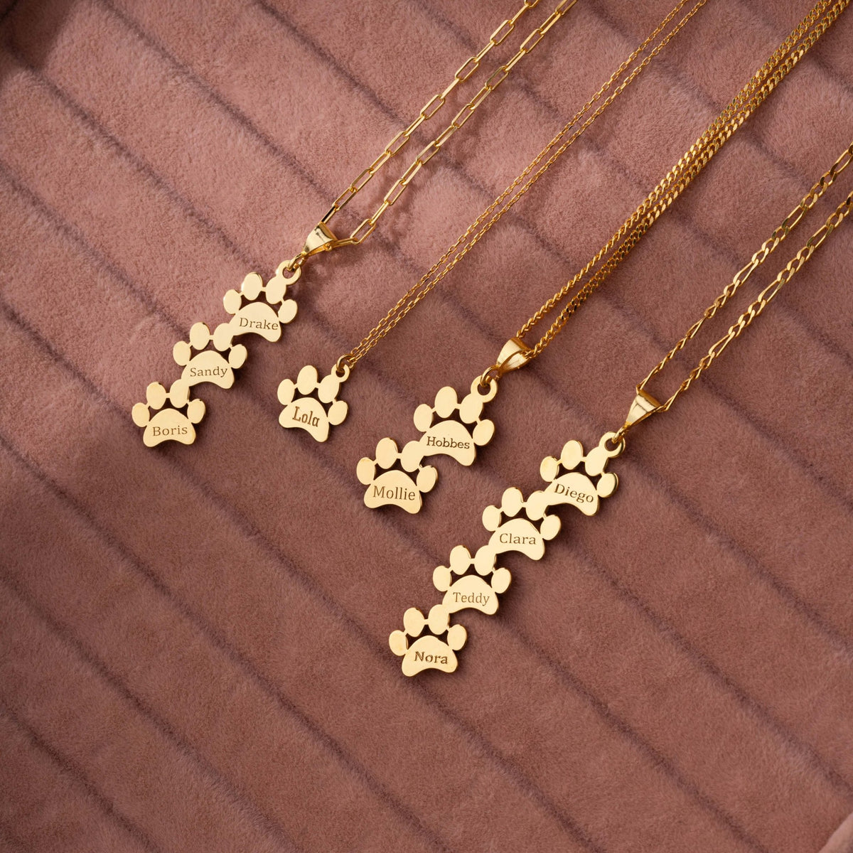 Fur Baby Necklace | Vertical Paw Print Pendant with Four Pet Names in Sterling Silver & 14K Gold Vermeil