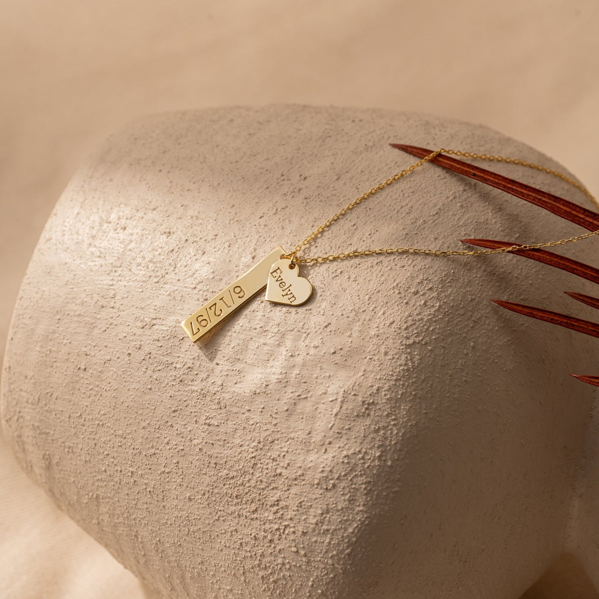 Custom Date Necklace | Engraved Bar & Heart Name Charm in Sterling Silver & 14K Gold Vermeil