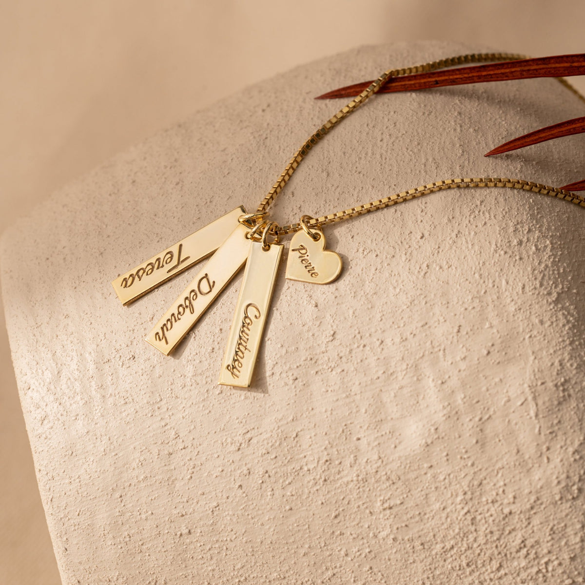 Personalized Name Bar Necklace | Three Vertical Bars & Heart Charm on Box Chain in Sterling Silver & 14K Gold Vermeil