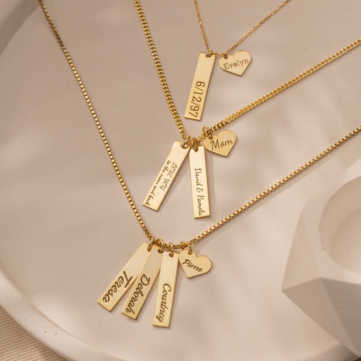 Engraved Message Necklace | Personalized Bar & Mom Heart Charms in Sterling Silver & 14K Gold Vermeil