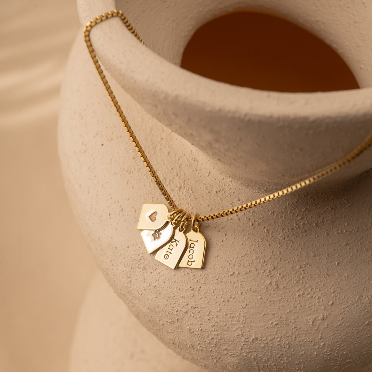 Name Tag Charm Necklace | Personalized Tags with Names, Heart & Paw Symbols in Sterling Silver & 14K Gold Vermeil