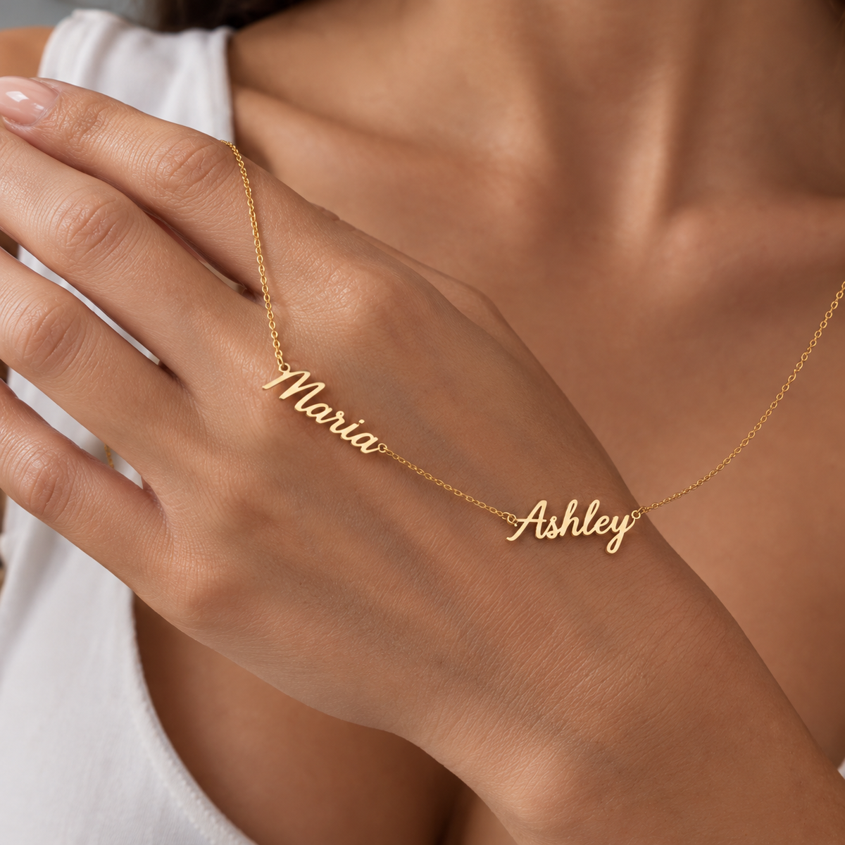 14K Solid Gold Two Name Necklace | Real Gold Script Names in Yellow, Rose & White Gold