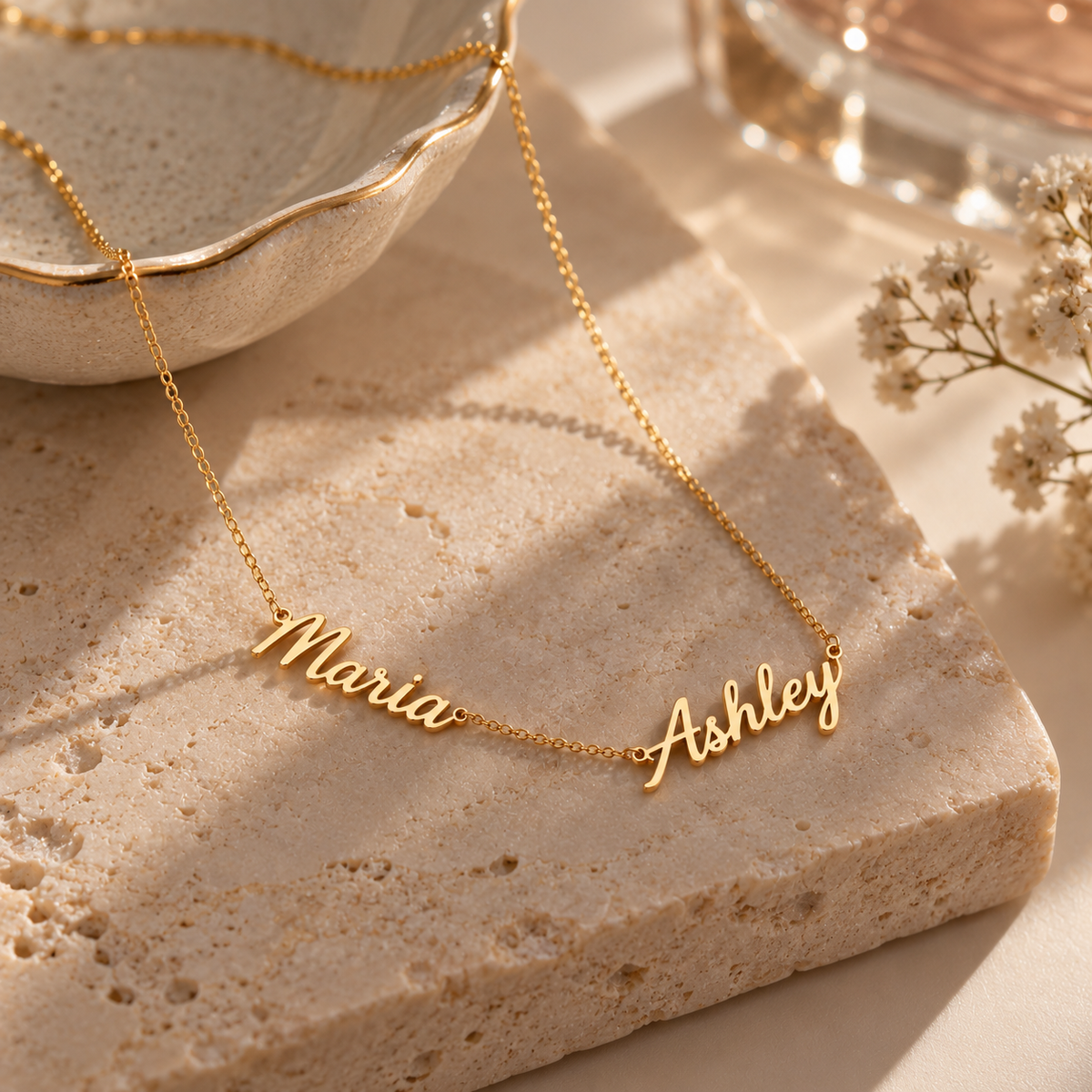 14K Solid Gold Two Name Necklace | Real Gold Script Names in Yellow, Rose & White Gold