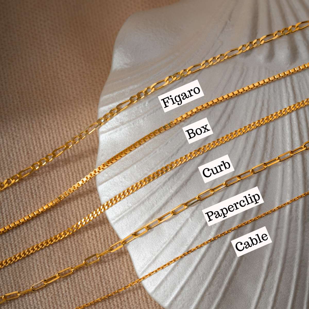 UXV necklace chain style guide: cable, figaro, box, curb and paperclip chains
