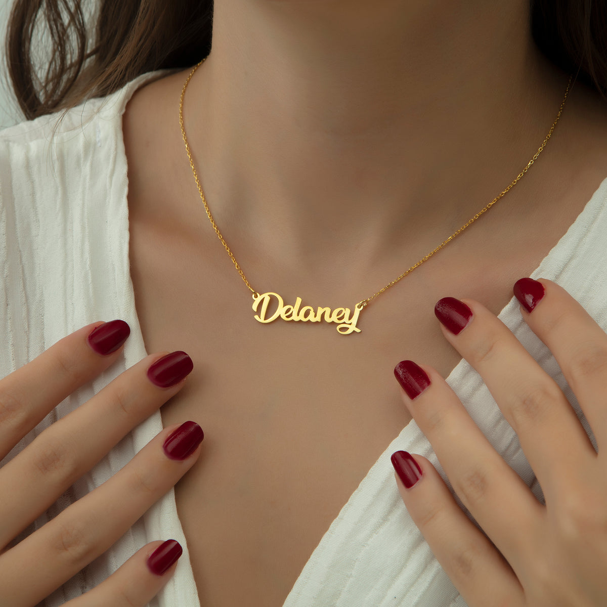 14K Solid Gold Name Necklace | Real Gold Script Nameplate in Yellow, Rose & White Gold