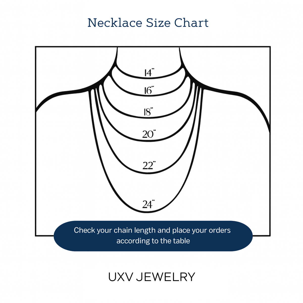 UXV necklace size chart showing 14 to 24 inch lengths on the body