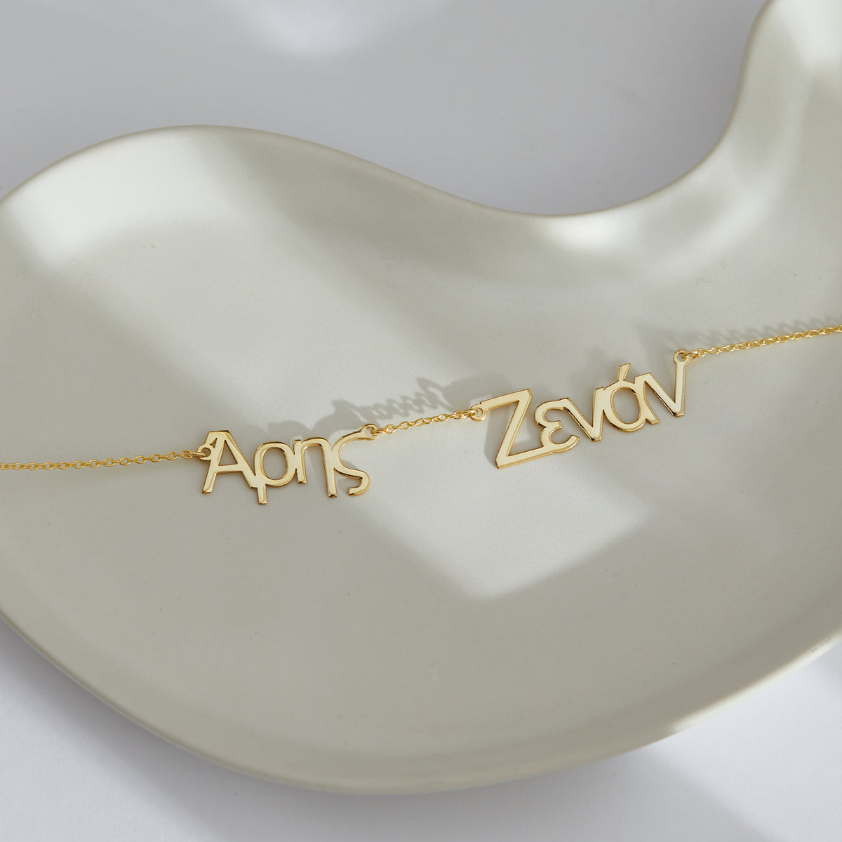 14K Gold Double Greek Name Necklace | Two Names in Real Gold Greek Letters in Yellow, Rose & White Gold