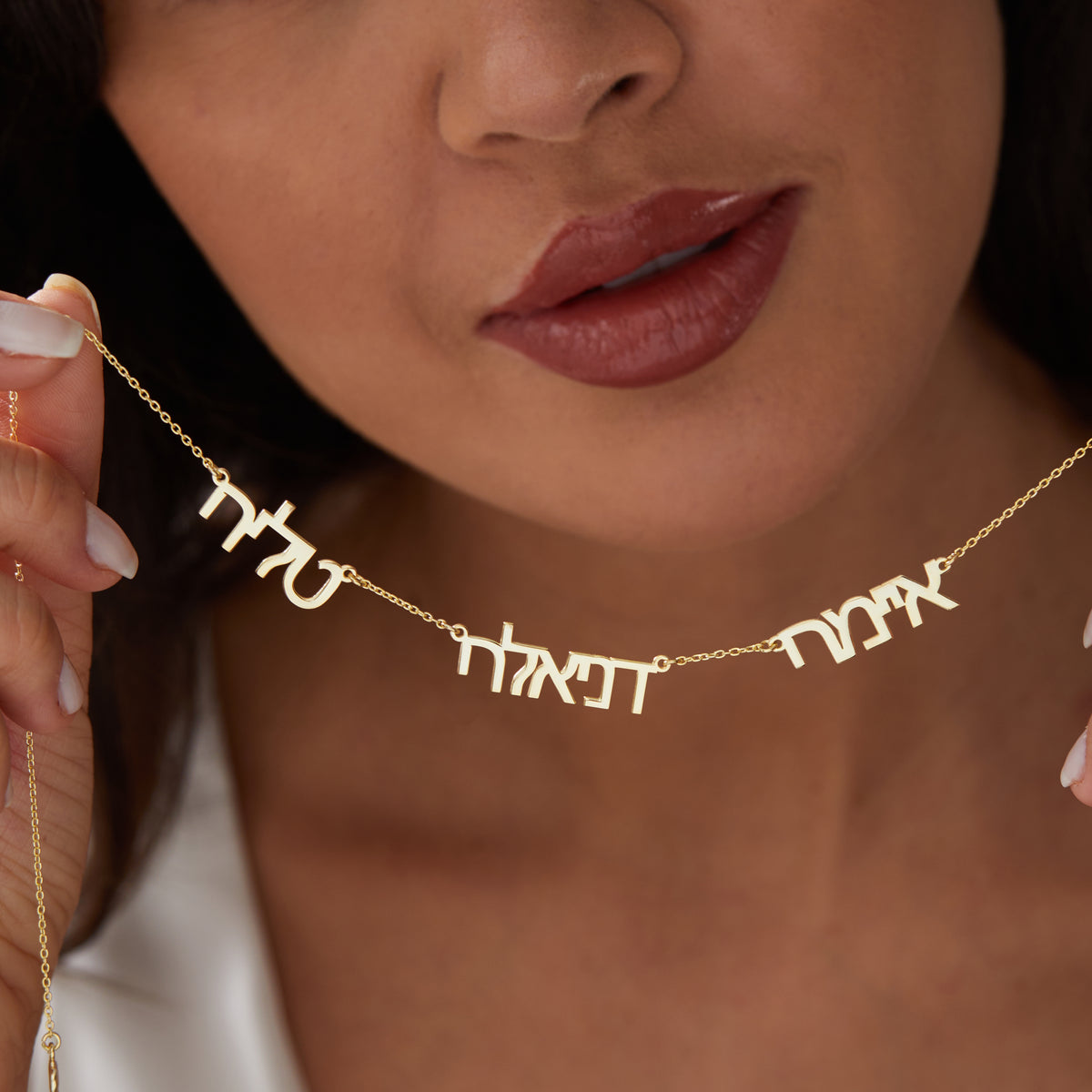 14K Gold Three Name Hebrew Necklace | Three Names in Real Gold Hebrew Letters in Yellow, Rose & White Gold