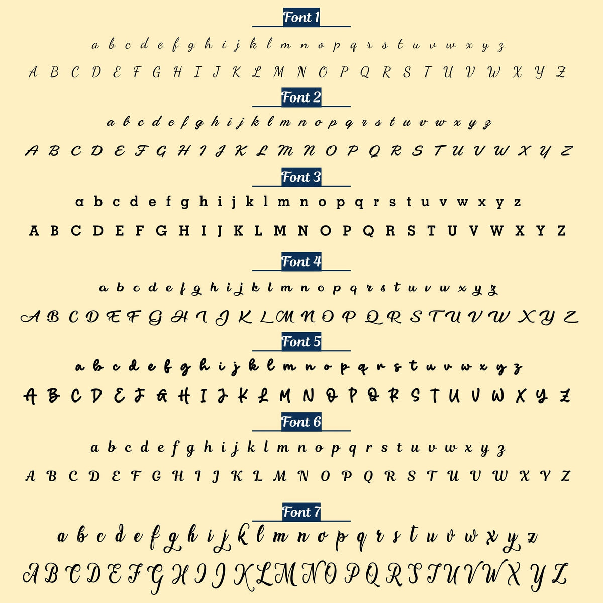 UXV two name necklace font chart showing 7 script and block font options