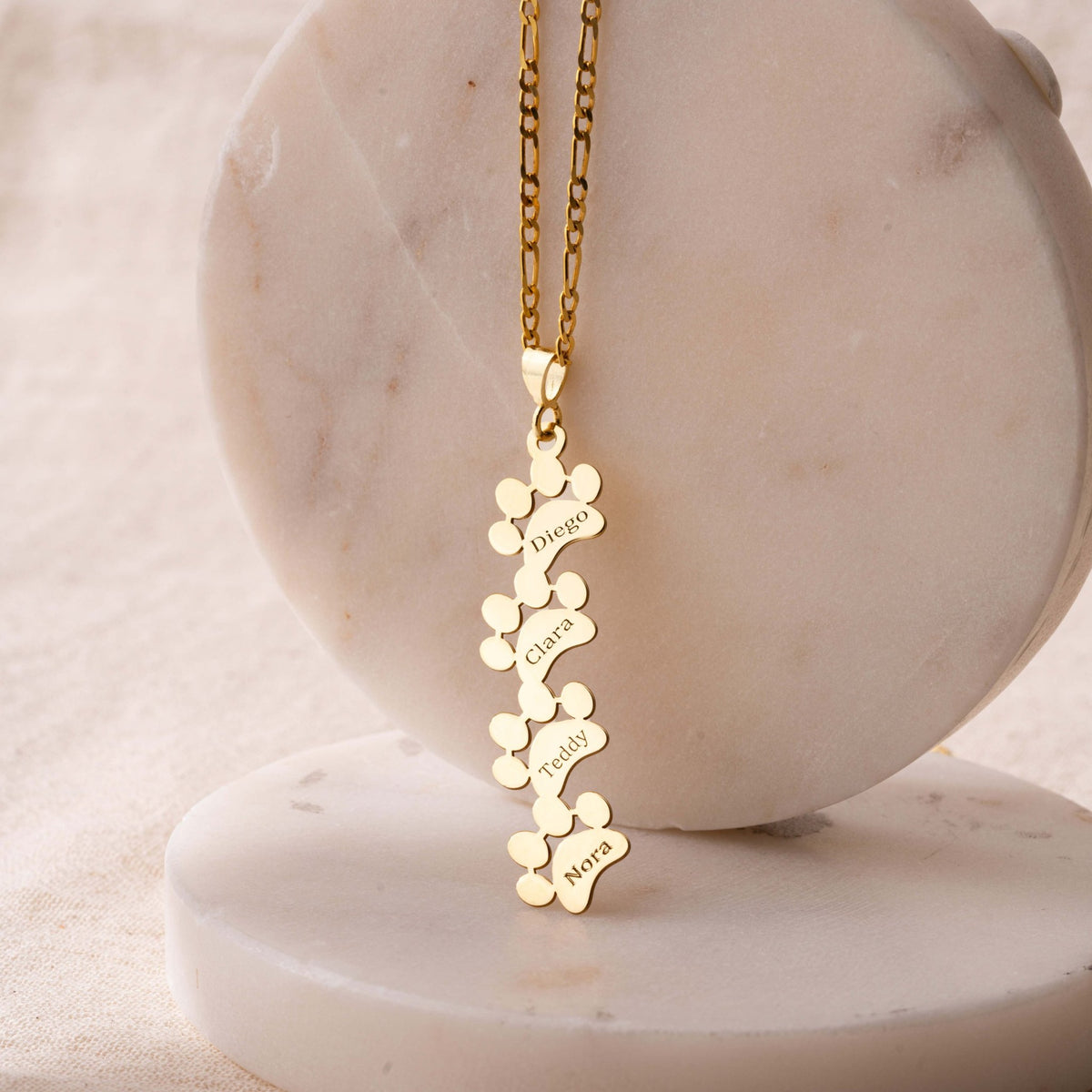 Fur Baby Necklace | Vertical Paw Print Pendant with Four Pet Names in Sterling Silver & 14K Gold Vermeil