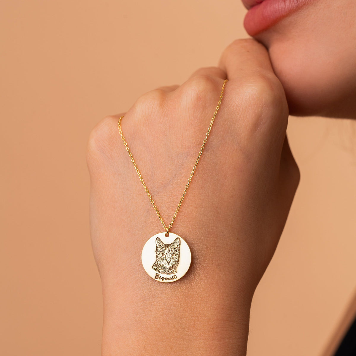 Pet Portrait Necklace | Custom Engraved Pet Photo Disc with Name in Sterling Silver & 14K Gold Vermeil