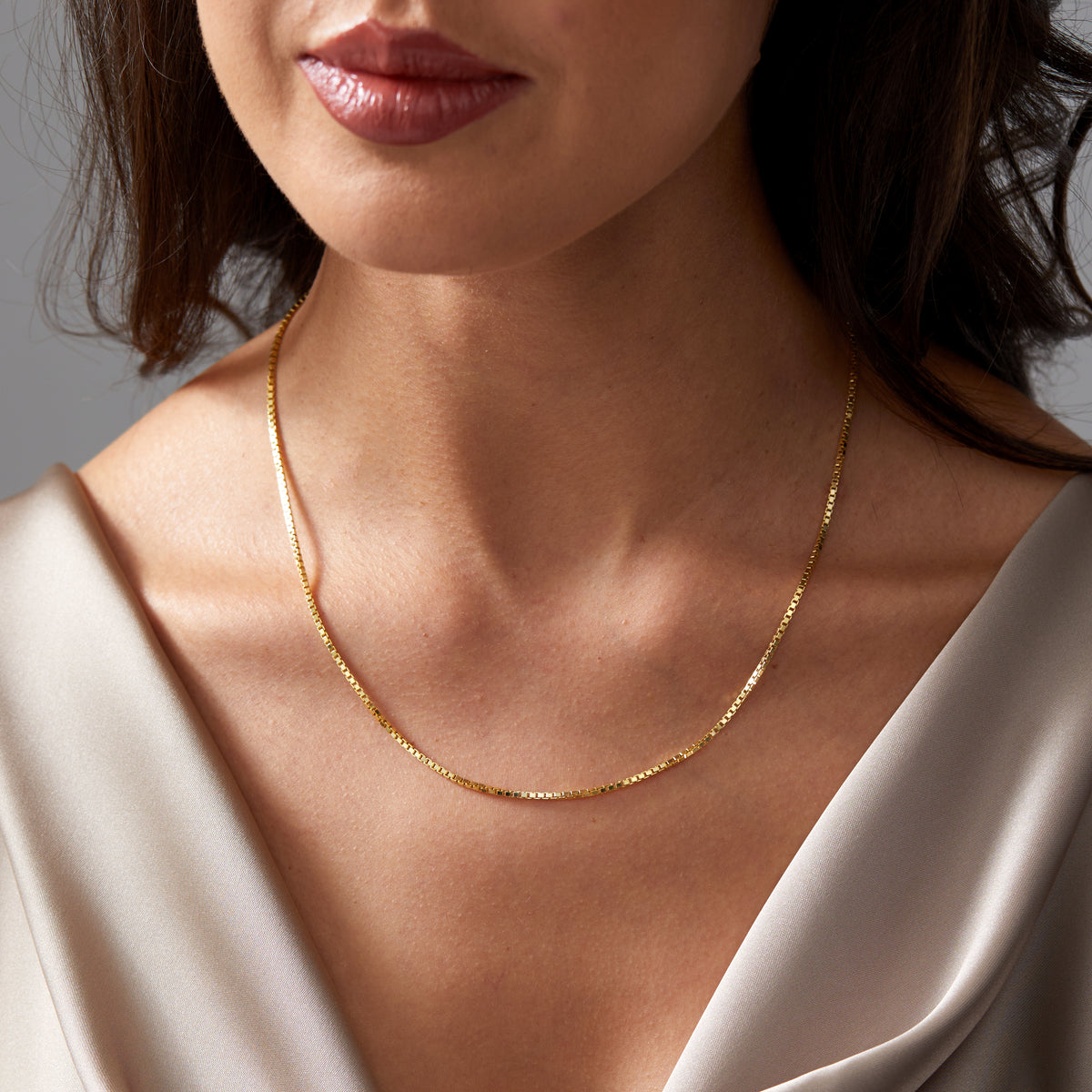 14K Solid Gold Box Chain Necklace 1.25mm | Real Gold Box Chain in Yellow, Rose & White Gold