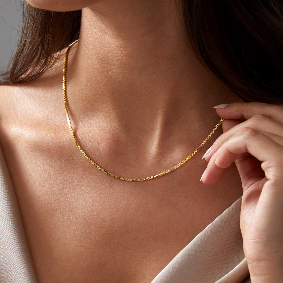 14K Solid Gold Box Chain Necklace 1.25mm | Real Gold Box Chain in Yellow, Rose & White Gold