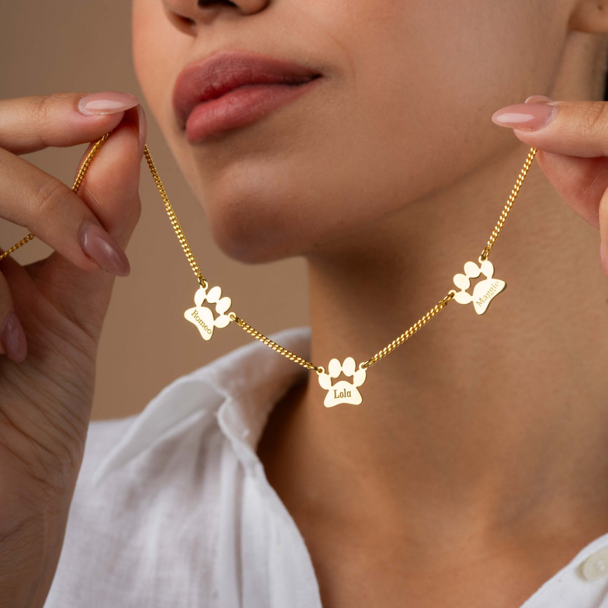 Cat Mom Necklace | Paw Print Station Necklace with Pet Names in Sterling Silver & 14K Gold Vermeil