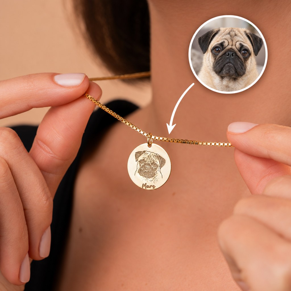 Pet Memorial Necklace | Engraved Dog Photo Portrait with Name in Sterling Silver & 14K Gold Vermeil