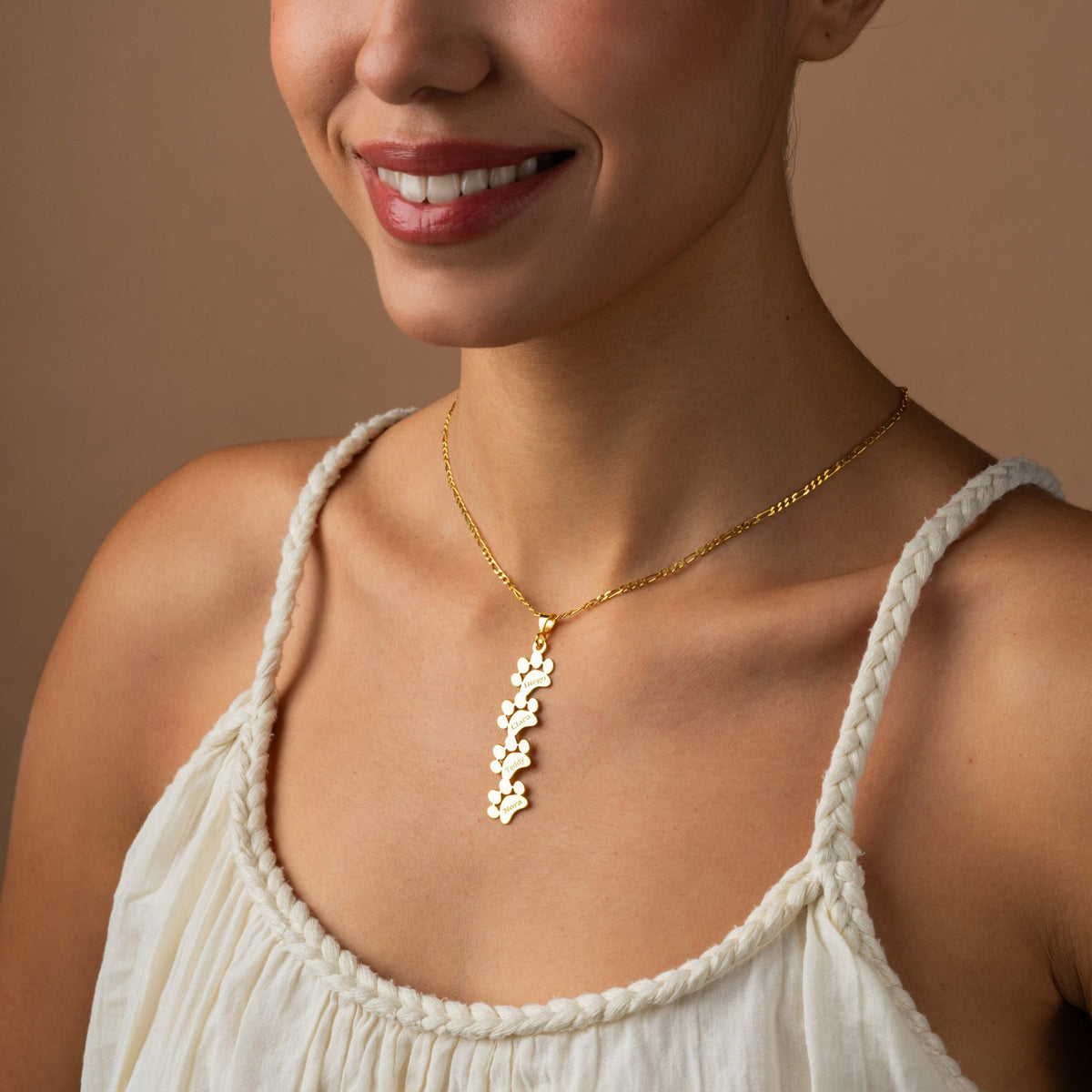 Fur Baby Necklace | Vertical Paw Print Pendant with Four Pet Names in Sterling Silver & 14K Gold Vermeil