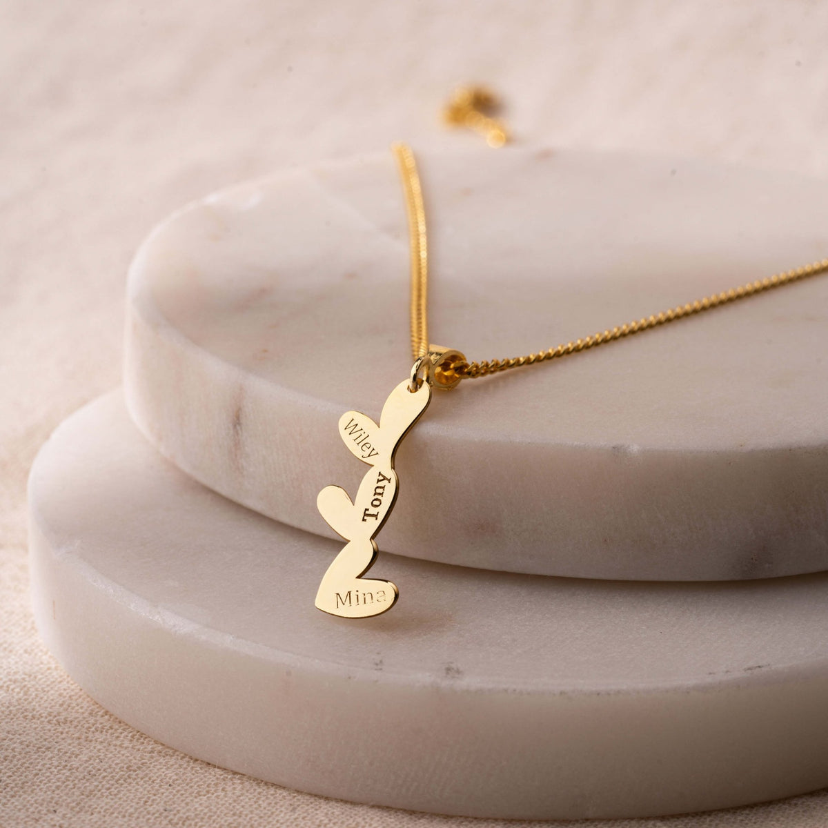 Triple Heart Necklace | Family Heart Pendant Engraved with Three Names in Sterling Silver & 14K Gold Vermeil