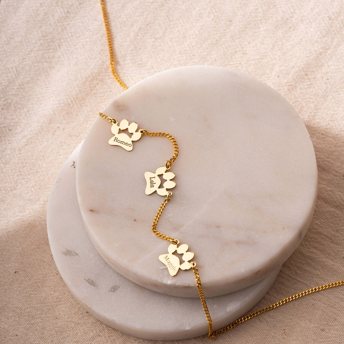 Cat Mom Necklace | Paw Print Station Necklace with Pet Names in Sterling Silver & 14K Gold Vermeil