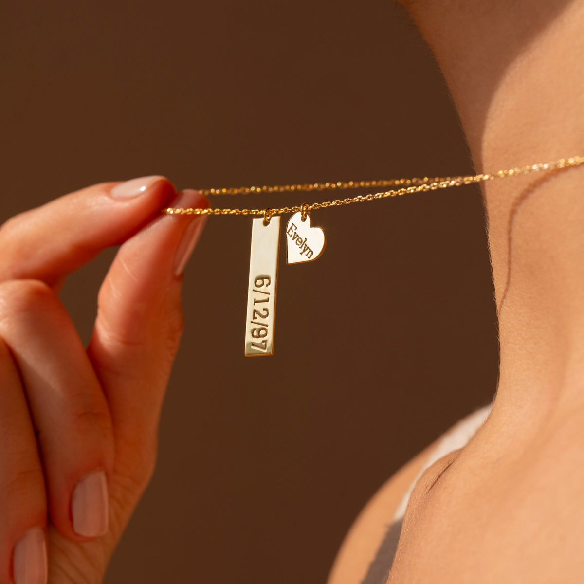 Custom Date Necklace | Engraved Bar & Heart Name Charm in Sterling Silver & 14K Gold Vermeil