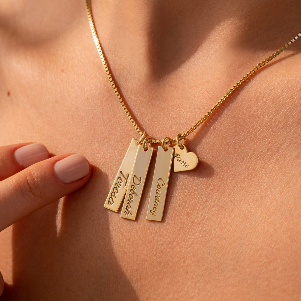 Personalized Name Bar Necklace | Three Vertical Bars & Heart Charm on Box Chain in Sterling Silver & 14K Gold Vermeil