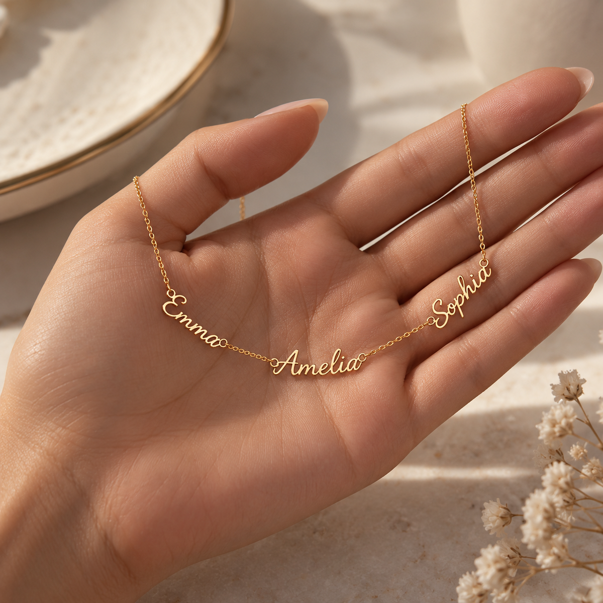 14K Solid Gold Three Name Necklace | Real Gold Script Names in Yellow, Rose & White Gold