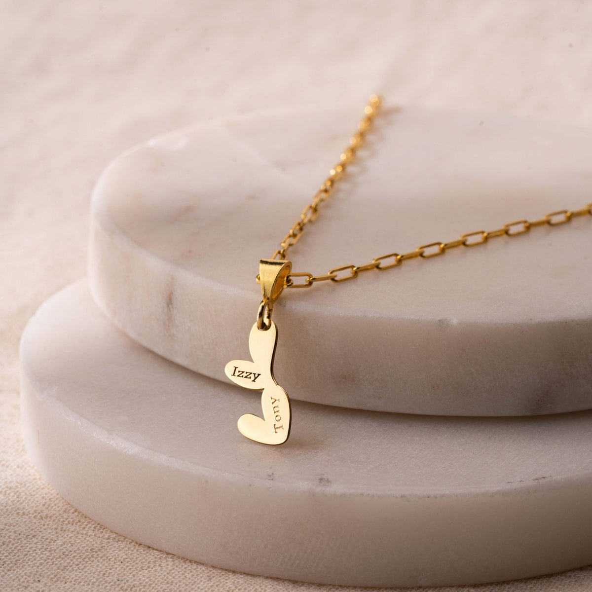 Double Heart Necklace | Stacked Heart Pendant Engraved with Two Names in Sterling Silver & 14K Gold Vermeil