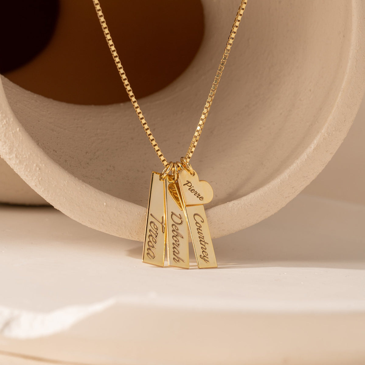 Personalized Name Bar Necklace | Three Vertical Bars & Heart Charm on Box Chain in Sterling Silver & 14K Gold Vermeil