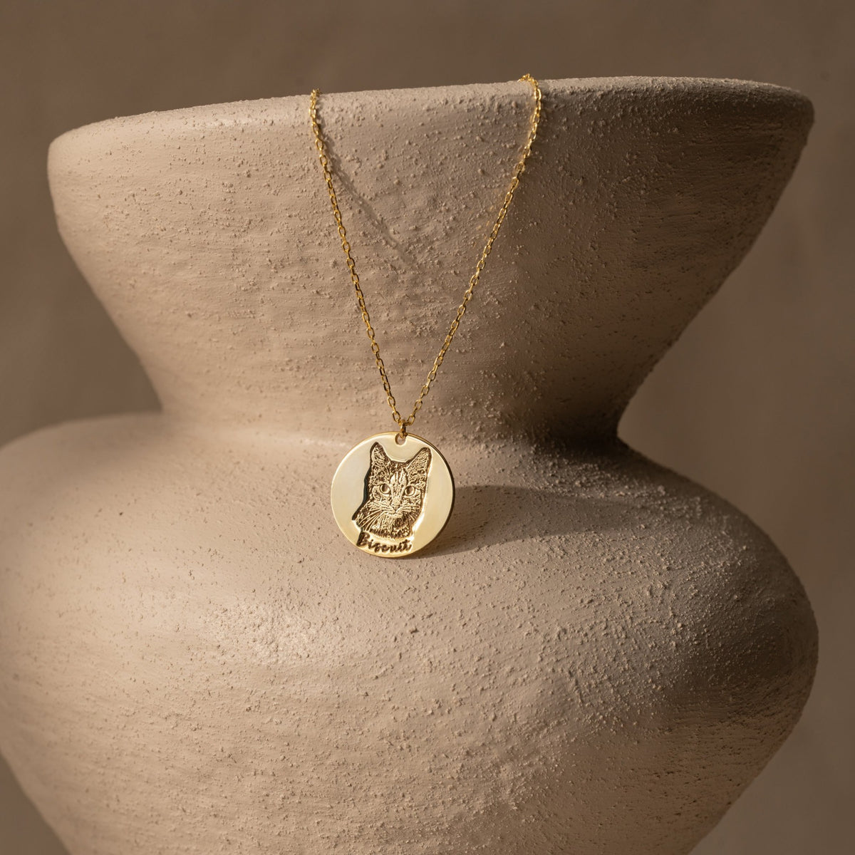 Pet Portrait Necklace | Custom Engraved Pet Photo Disc with Name in Sterling Silver & 14K Gold Vermeil
