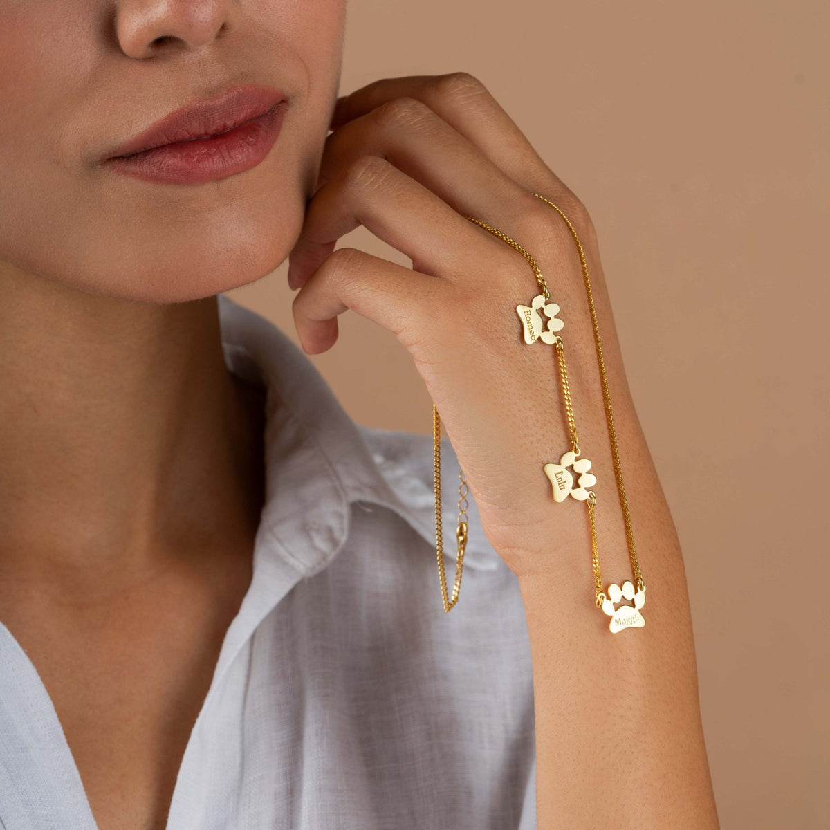 Cat Mom Necklace | Paw Print Station Necklace with Pet Names in Sterling Silver & 14K Gold Vermeil