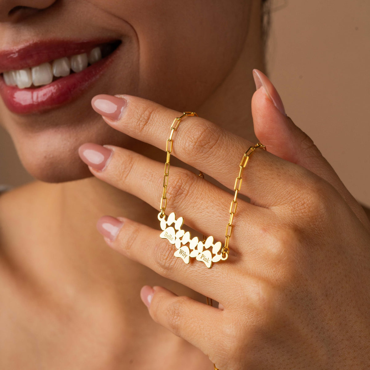 Pet Lover Necklace | Three Paw Print Bar Necklace with Pet Names in Sterling Silver & 14K Gold Vermeil